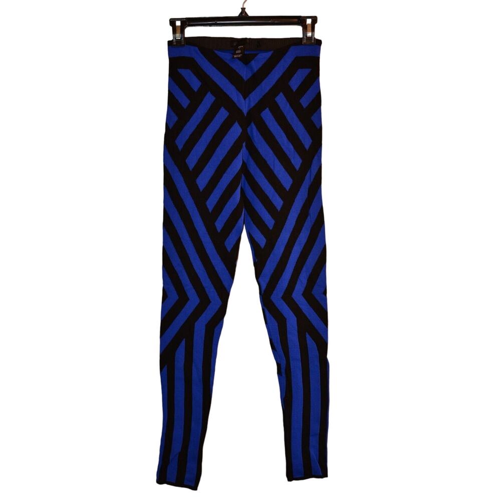 RVN S Thick Knit Leggings Blue Black Geometric Striped Jacquard Pants Tight